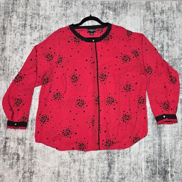 Liz Claiborne Blouse Womens 2X Red Black Heart Print Button Up Career Top Plus - Picture 1 of 10